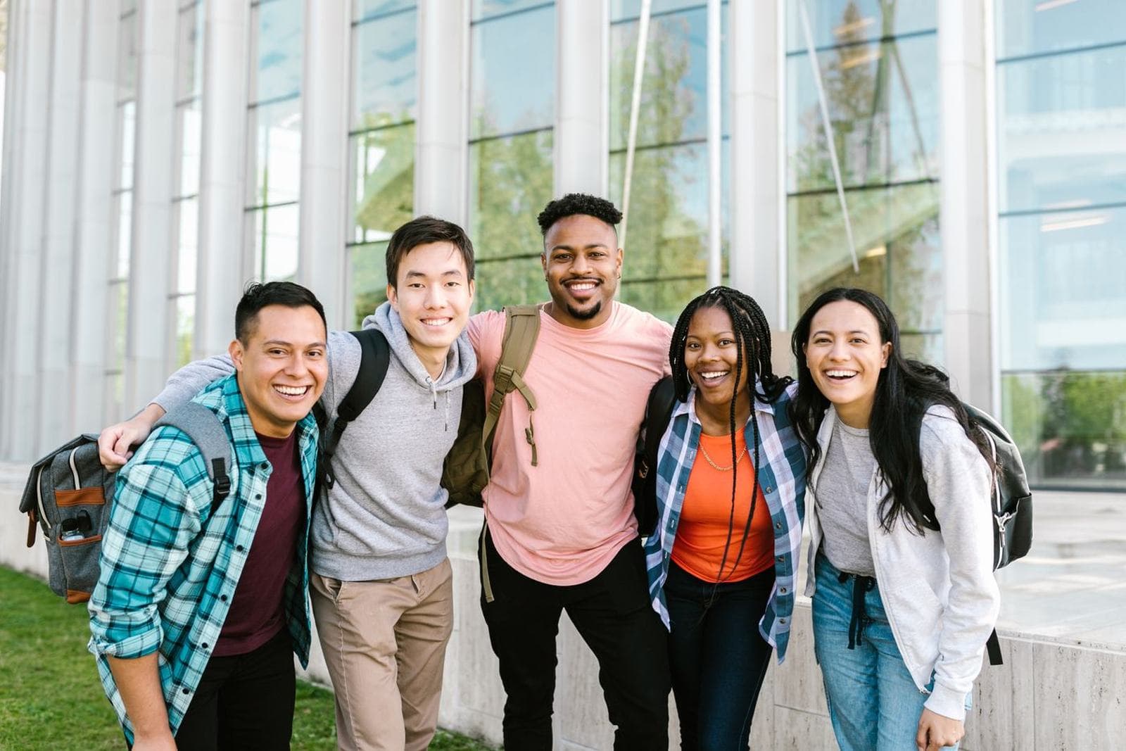 A small group of students together on campus or in a lounge