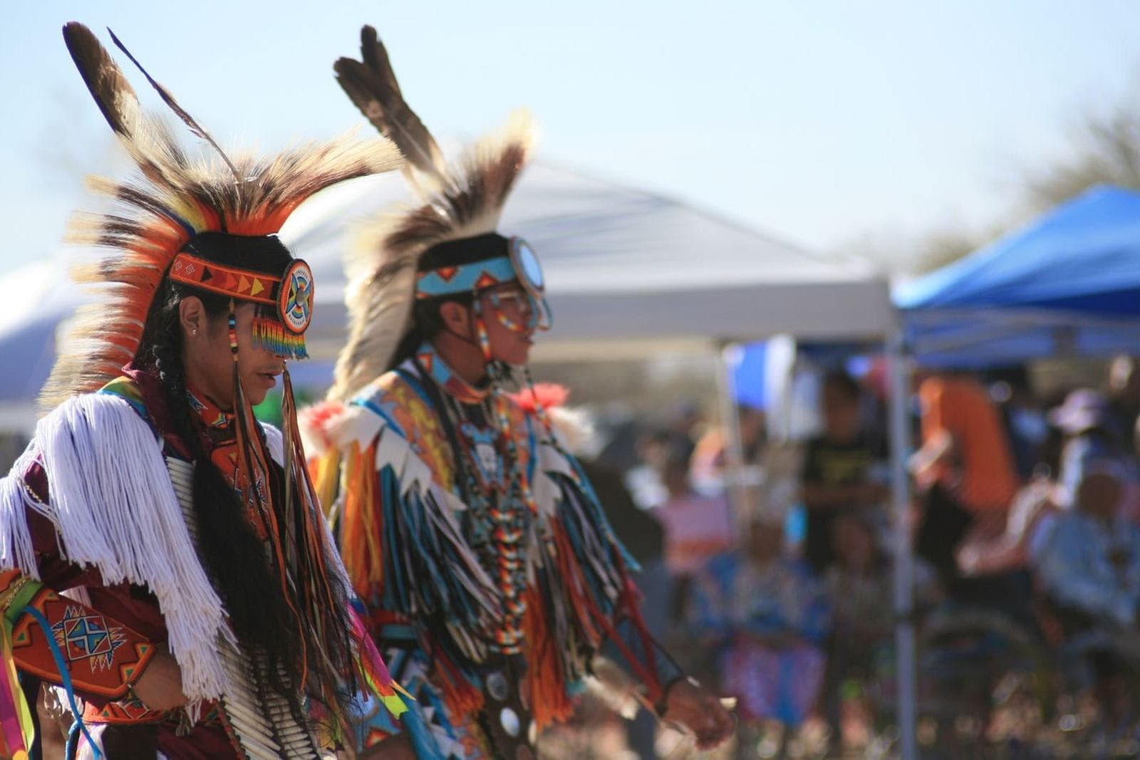 Dancers in regalia performing at an outdoor cultural celebration